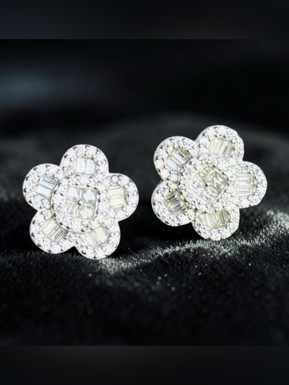 Diamond Flower Cluster Stud Earrings - White